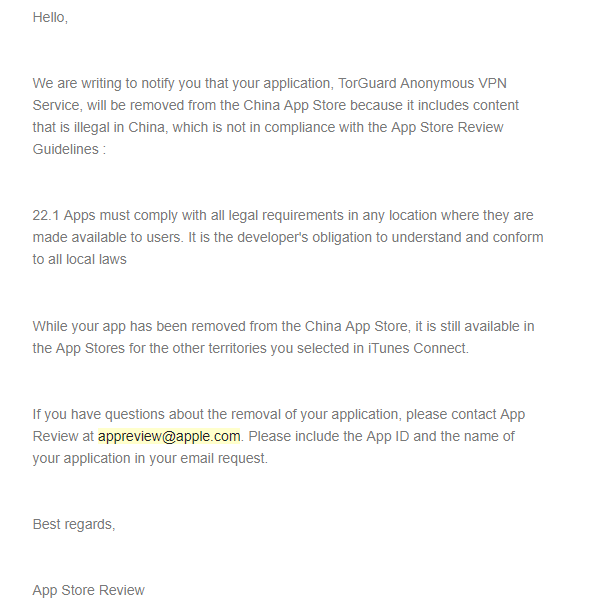 Apple's letter stating the decision to remove TorGuard VPN apps from China's iOS app store